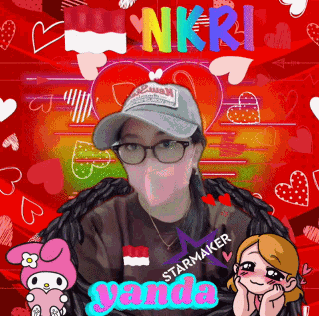 a girl wearing a mask and a hat is surrounded by hearts and the word nkri