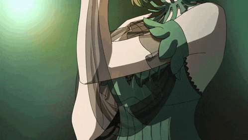 a drawing of a woman with a green glove on her hand