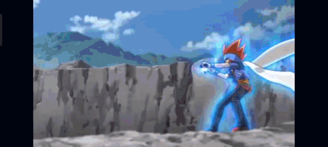 a cartoon character is standing in front of a rock wall with a blue light coming out of his hands .