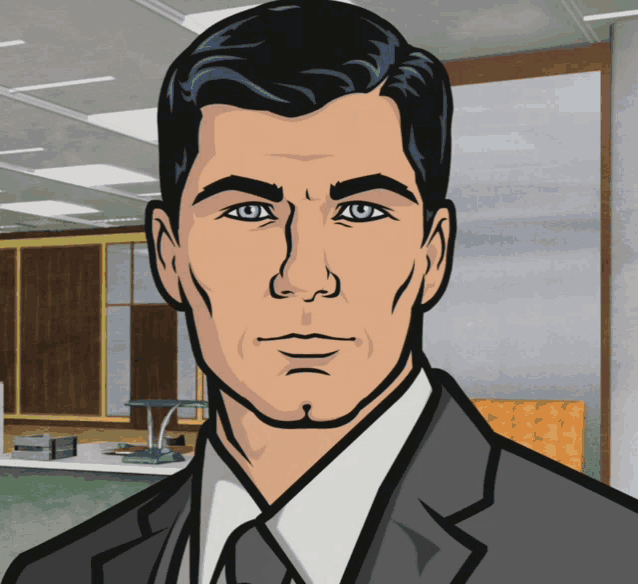 a cartoon drawing of archer with blue eyes