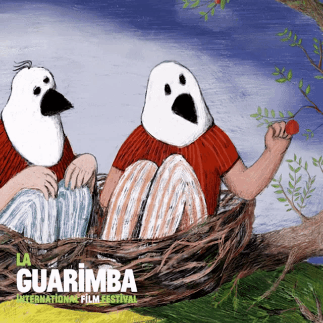 a poster for the guarimba international film festival showing two birds in a nest