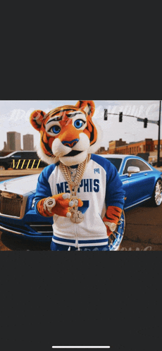 a tiger mascot wearing a shirt that says memphis on it