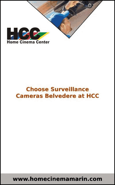 an advertisement for hcc home cinema center shows people installing cameras