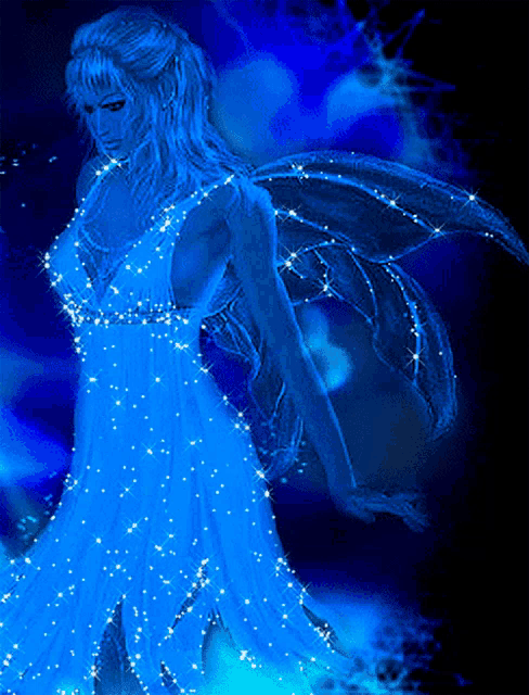 a fairy in a blue dress is surrounded by sparkling stars