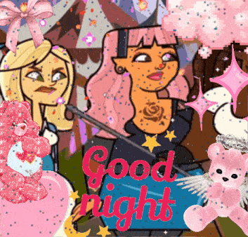 a good night greeting card with two care bears and a pink teddy bear