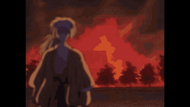 a man is standing in front of a burning house