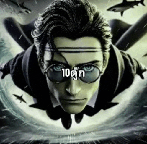 a man wearing sunglasses is flying through the air with sharks in the background