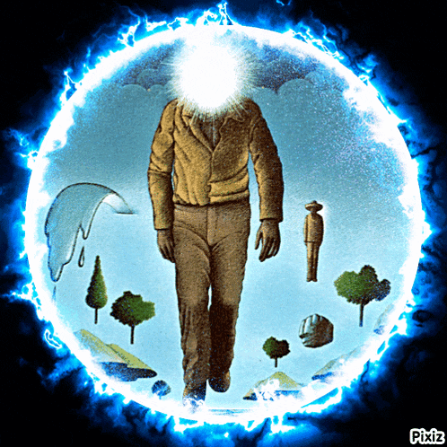 a painting of a man walking through a portal with pixiz written on the bottom right