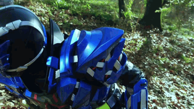 a person in a blue armor with a black helmet on