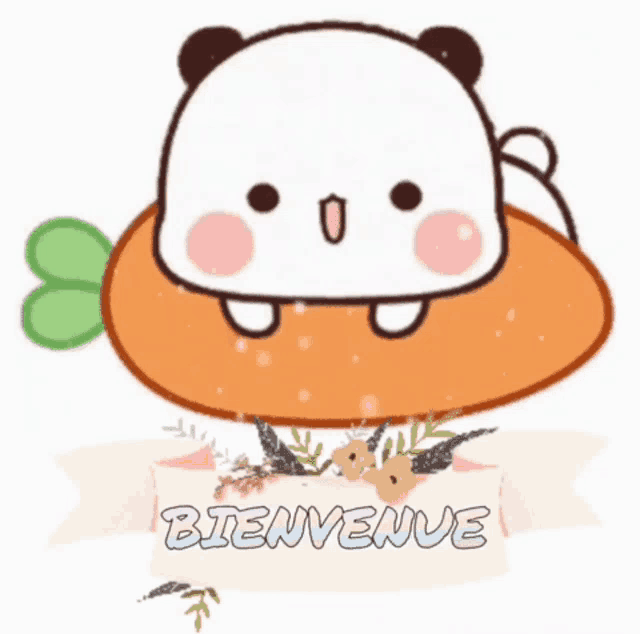 a cartoon illustration of a panda holding a carrot with the word bienvenue written below it
