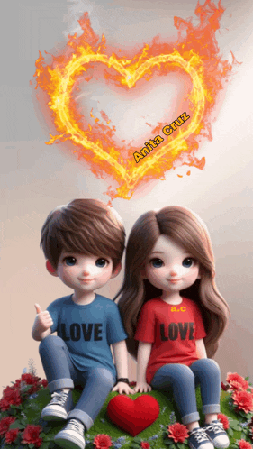 a boy and a girl are sitting next to each other with a heart in the background
