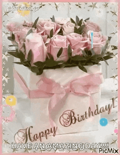 a birthday card with a box of pink roses and the words `` happy birthday ! ''