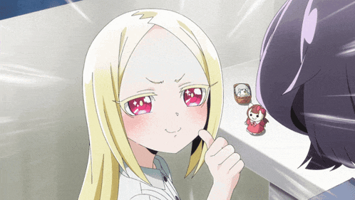 a cartoon girl with blonde hair and red eyes is making a face
