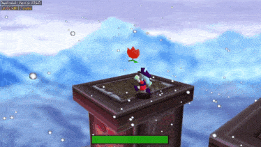 a screenshot of a video game shows a red flower flying in the sky