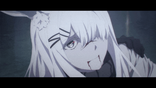 a close up of a white anime character with a bloody mouth