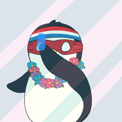 a penguin wearing a bandana and flowers around its neck has the letter r visible
