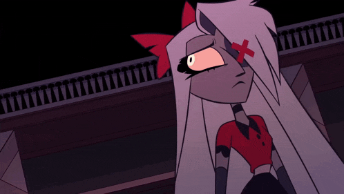 a cartoon character with long white hair and a red bow