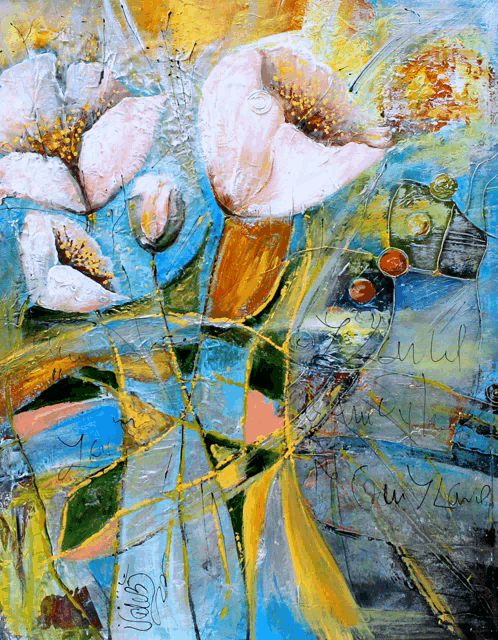 a painting of flowers with the word open on the bottom right corner