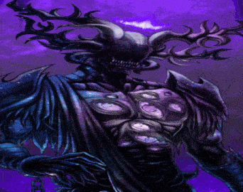 a drawing of a monster with horns and a purple background