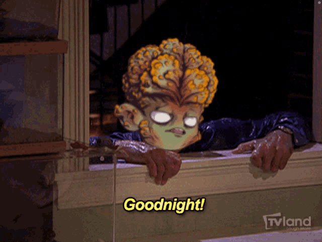 a picture of a man looking out a window says goodnight