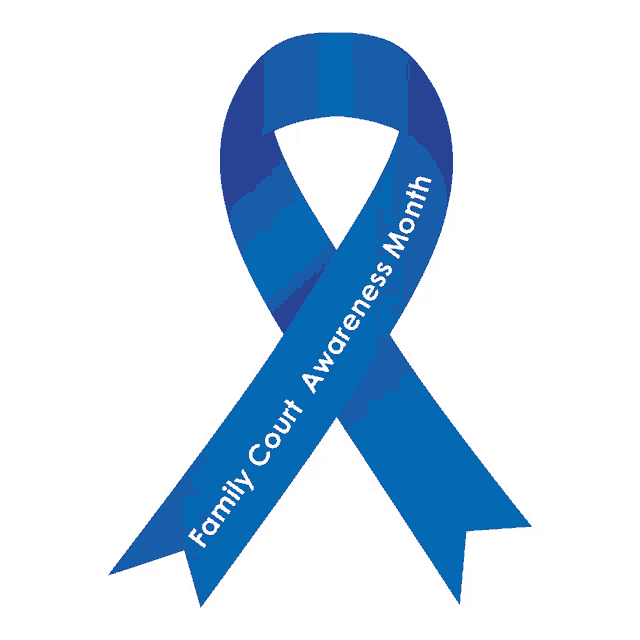 a blue ribbon with the words family court awareness month written on it