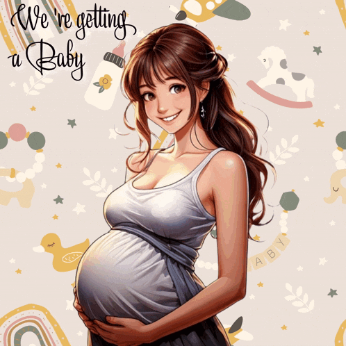 a drawing of a pregnant woman with the words " we 're getting a baby "