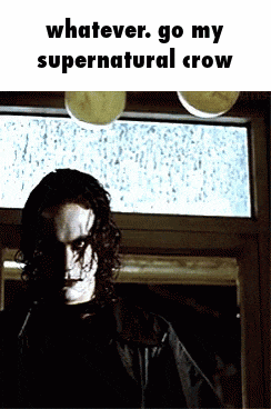 a man in a black jacket stands in front of a window with the words " whatever go my supernatural crow " above him