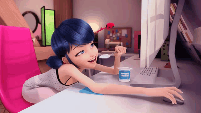 a cartoon girl with blue hair is eating yogurt
