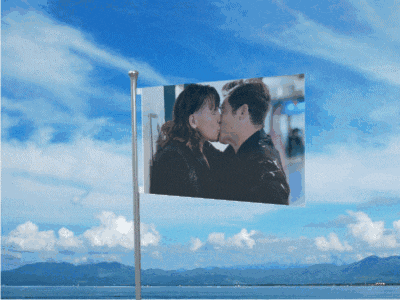 a flag with a picture of a man and woman kissing against a blue sky