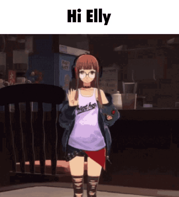 a video game character says hi elly while standing in a room
