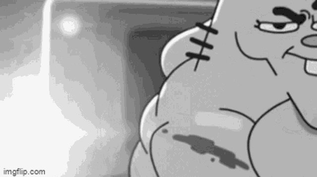 a black and white cartoon character with stitches on his arm .
