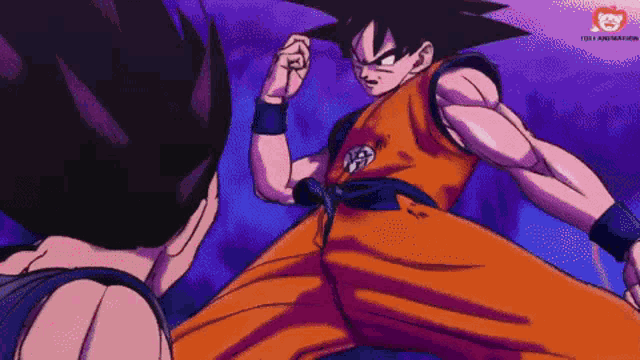 goku and vegeta are fighting each other in a cartoon .