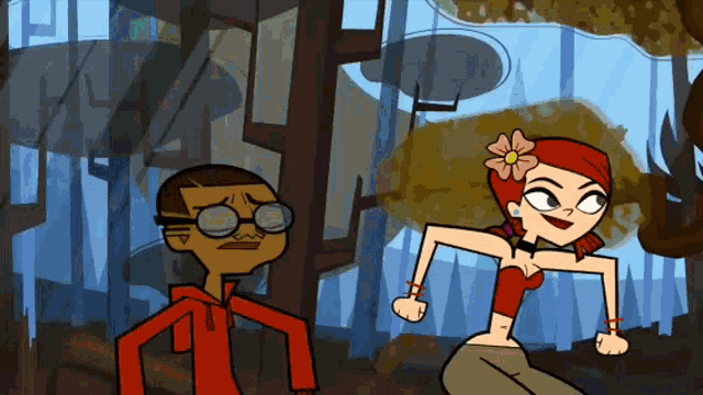 a cartoon of a boy and a girl with a flower in their hair