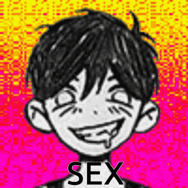 a black and white drawing of a boy with a smiley face and the word sex in the corner .