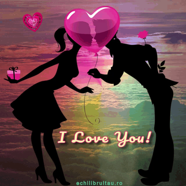 a greeting card that says i love you with a couple kissing under a heart shaped balloon