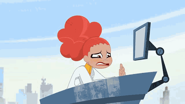 a cartoon character with red hair is looking at a computer monitor