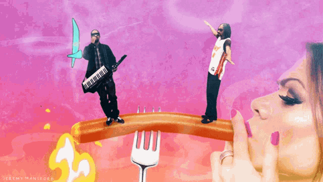 a woman is eating a hot dog with a man playing a keyboard behind her