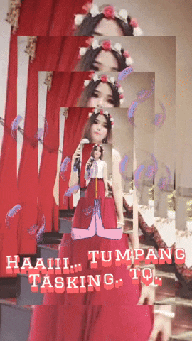 a woman in a red dress with a flower crown on her head is surrounded by red curtains