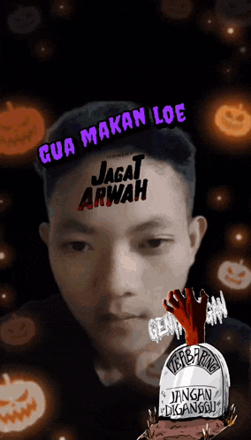 a man with a sticker on his face says gua makan loe