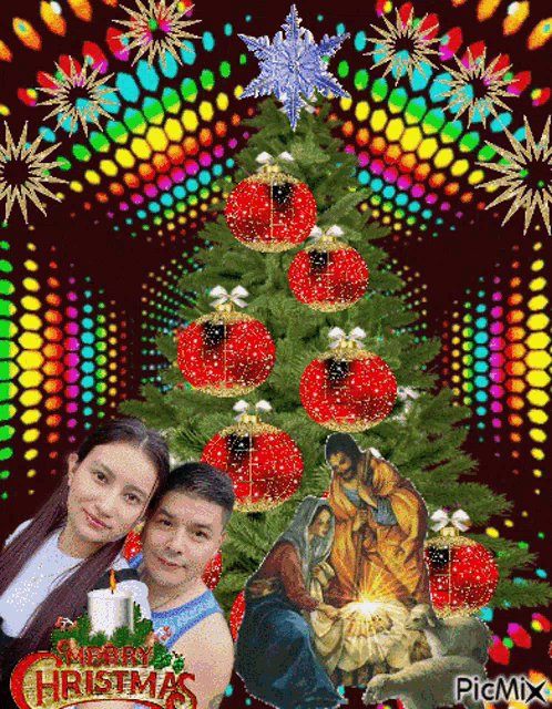 a merry christmas greeting card with a nativity scene