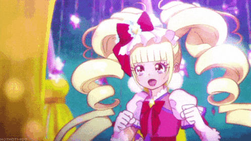 a cartoon girl with a surprised look on her face is standing in front of a microphone .