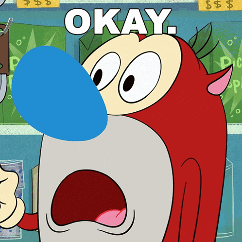 a cartoon character with a blue nose and the word okay on the bottom
