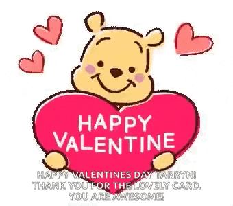 winnie the pooh is holding a red heart with the words `` happy valentine '' on it .