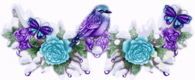 a purple bird sits on a branch surrounded by purple roses and butterflies