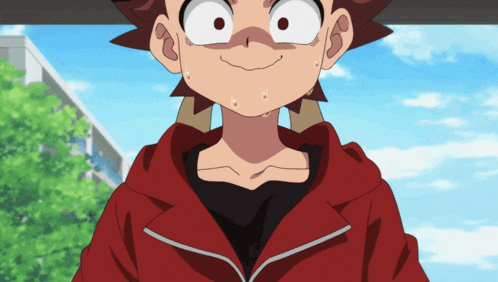 a close up of a cartoon character with a red jacket