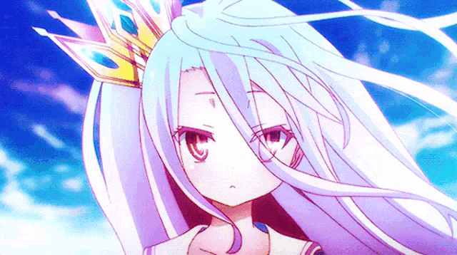 a girl with white hair and a crown on her head looks at the camera