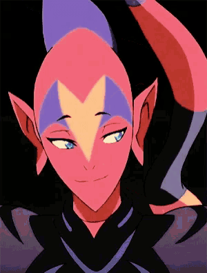 a close up of a cartoon character with a pink head and blue ears