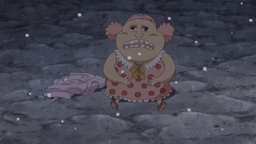a cartoon drawing of a woman in a pink dress with polka dots