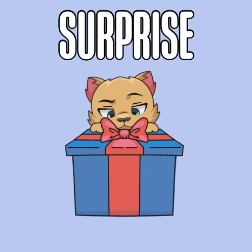 a cartoon cat is peeking out of a blue gift box with surprise written above it