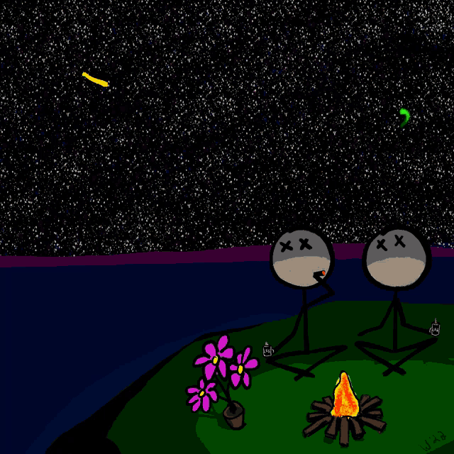 a drawing of two stick figures sitting around a campfire with a shooting star in the sky